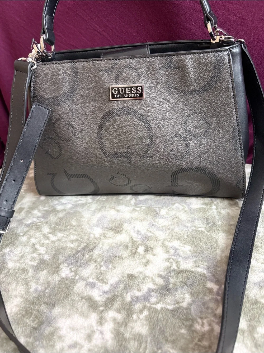 GUESS Los Angeles Black Monogram “G” Satchel Crossbody Bag Top Handle